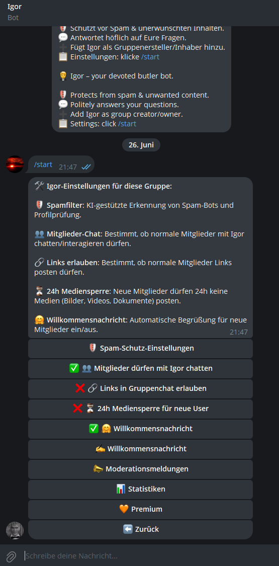 Igor Telegram Menü